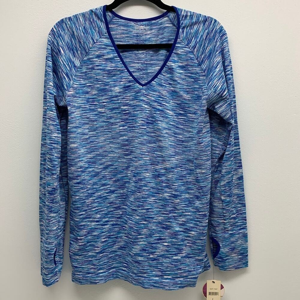 Young USA Shirt Womens Large Athletic Long Sleeve Thumb Holes Blue Space Dye
